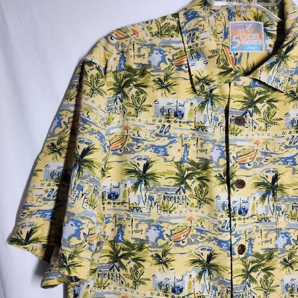 It's 5 O'Clock Somewhere Mens Silk Hawaiian Button Shirt Large Yellow Tropical - Picture 6 of 12